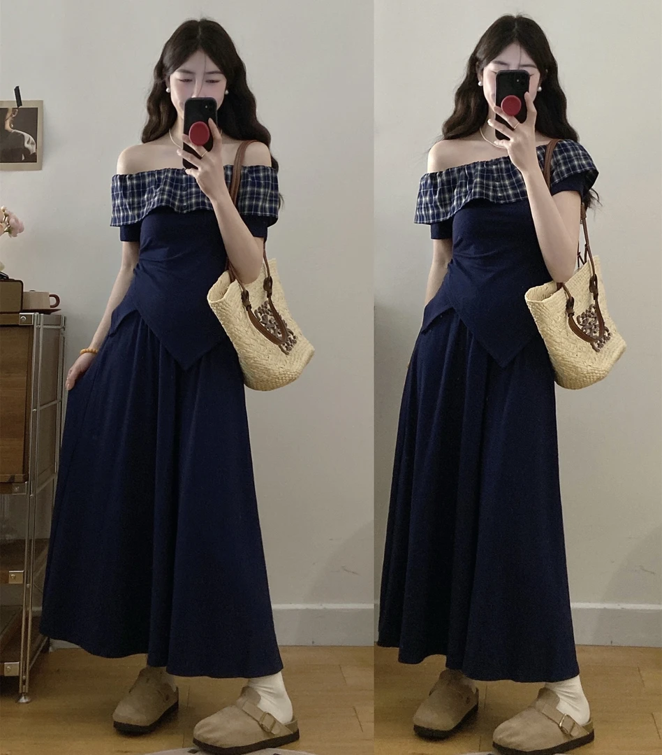 大码新款显瘦套装格子拼接设计感针织上衣一字肩大摆裙两件套