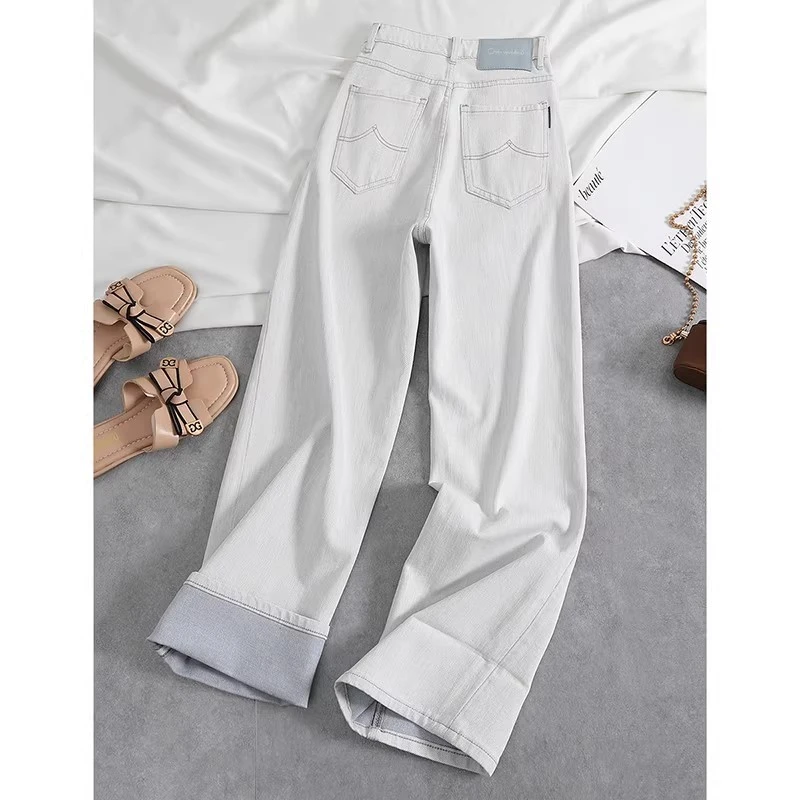 小众灰白色窄版阔腿牛仔裤女2025春季新款刺绣高腰显瘦百搭直筒裤