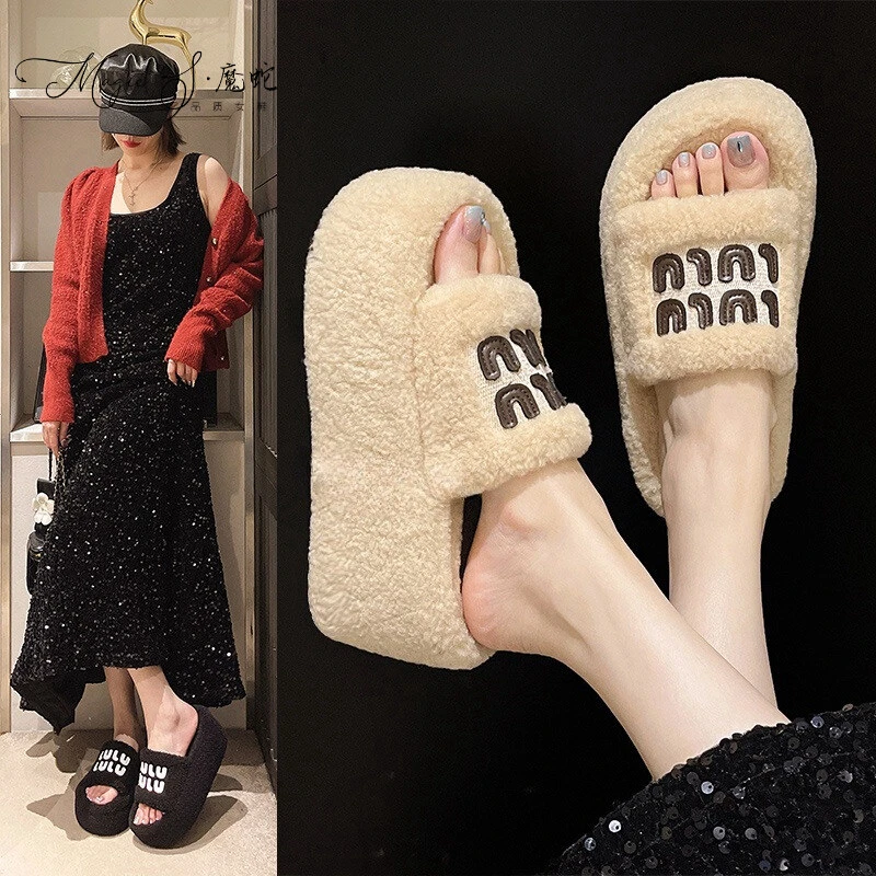 【万达撤柜】增高厚底毛毛一字拖鞋女外穿秋冬季时尚高级感毛绒棉拖
