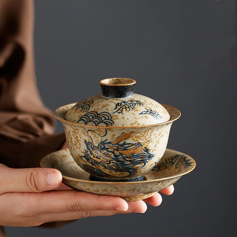 青花火石红三才盖碗手绘陶瓷复古茶杯高档茶具家用泡茶器礼盒证书