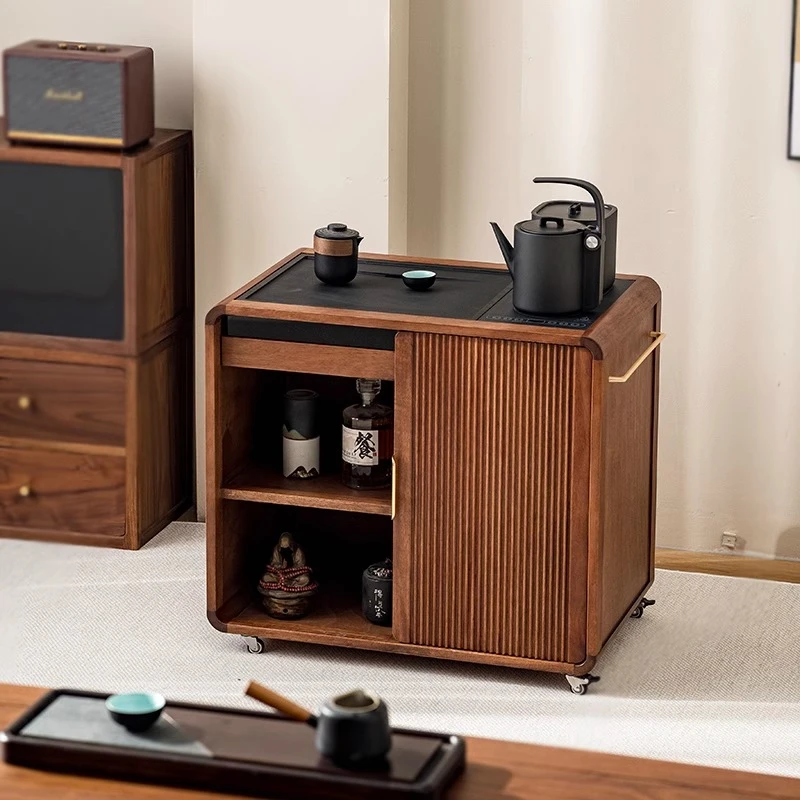 黑胡桃实木多功能移动茶水柜茶几茶台小型家用烧水壶一体沙发边几