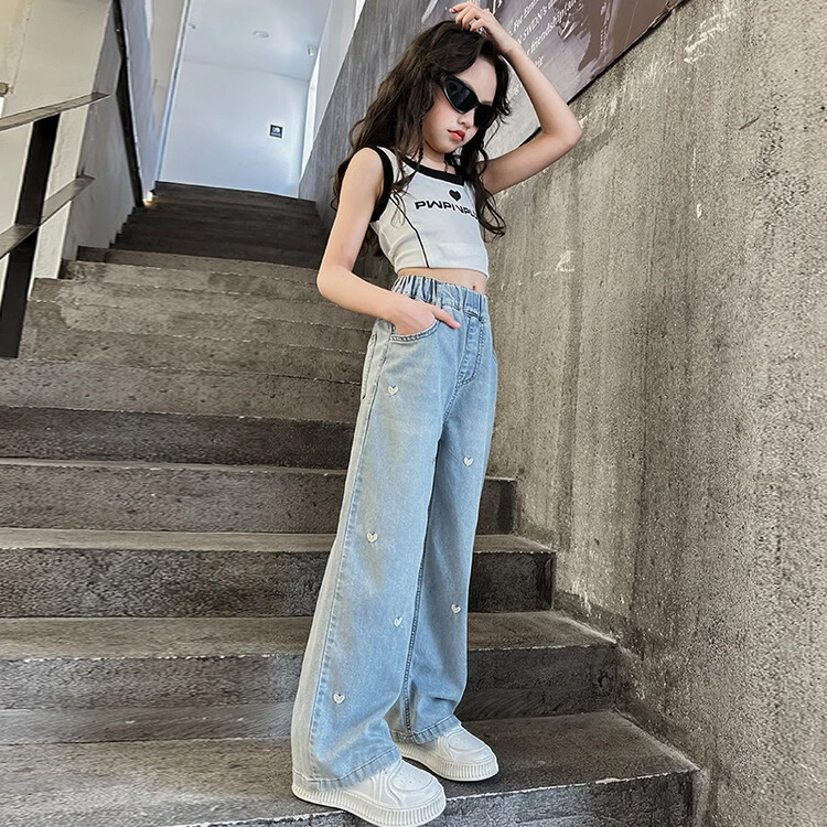 【高品质】巴拉拉春秋新款女童牛仔裤儿童中大童牛仔长裤宽松阔腿裤