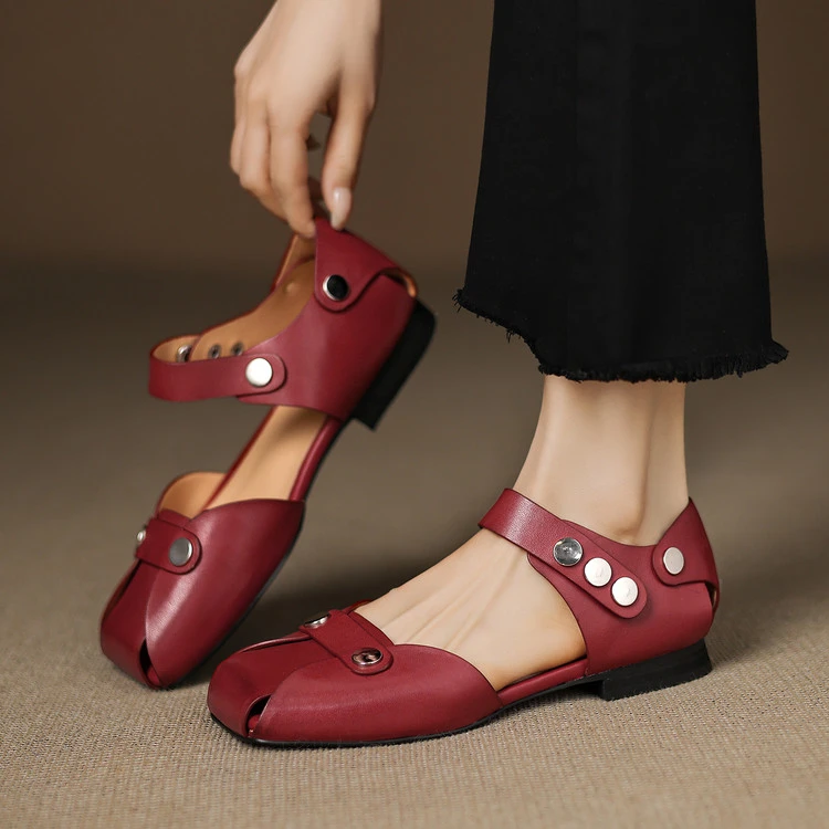 头层牛皮包头凉鞋2025新款真皮凉鞋女夏外穿平底一字带夏季凉鞋女