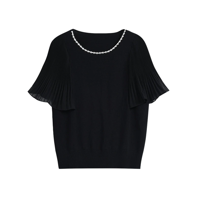 高级感钉珠圆领短袖黑色针织衫女夏季新款2025年气质显瘦通勤上衣