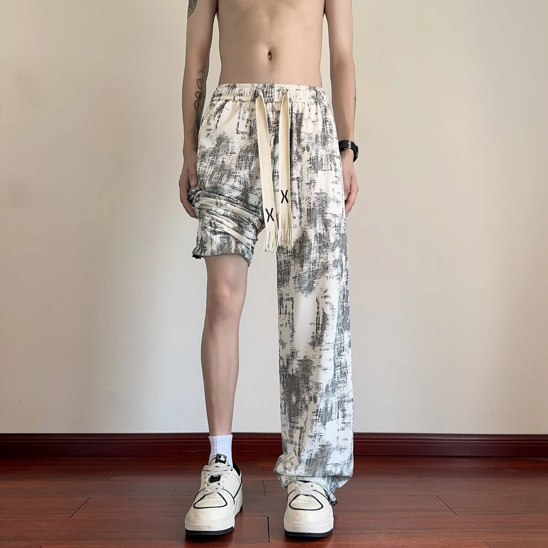 休闲裤男夏季美式扎染宽松直筒长裤潮流百搭港风潮牌薄款裤子男