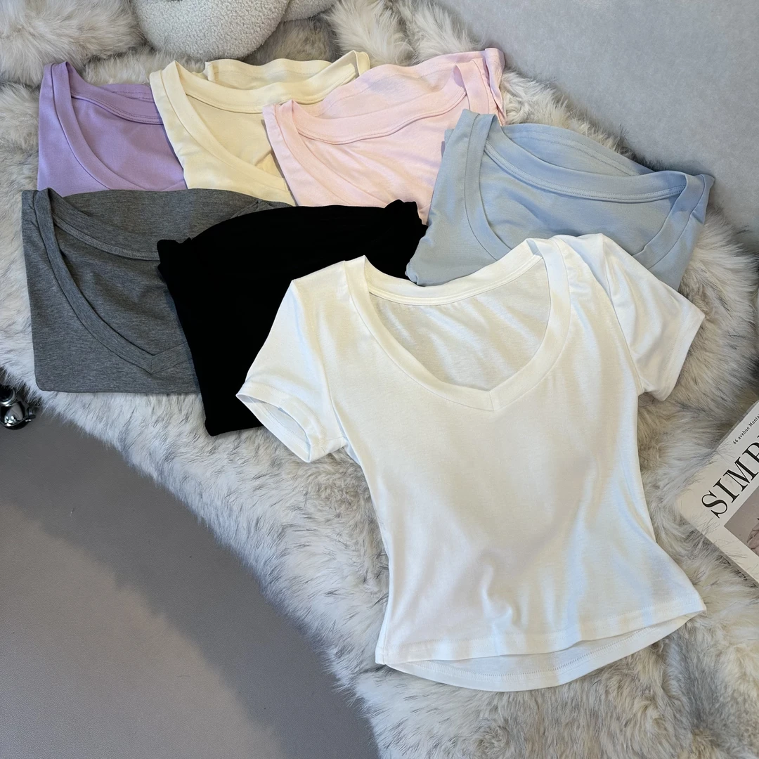 【蓉蓉私服】XS2095美式简约V领修身短袖T恤显瘦百搭正肩上衣