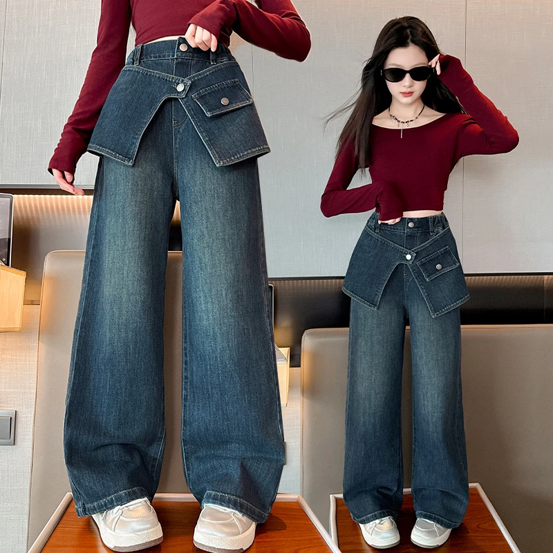 女童牛仔裤春秋款2025新款洋气儿童秋季阔腿裤中大童女孩秋季裤子