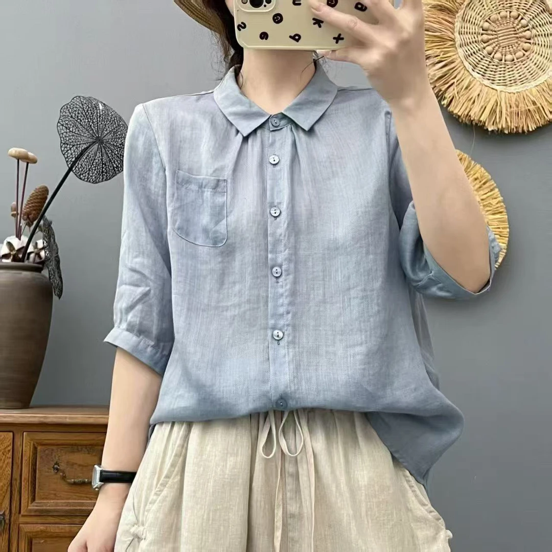 夏日纯色百搭翻领简约宽松斜纹纯苎麻中袖衬衫女通勤短袖上衣