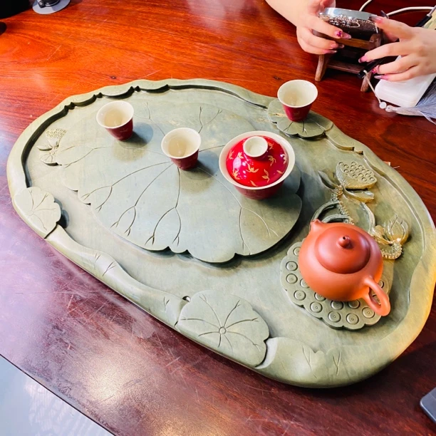 端砚石手工雕刻茶盘