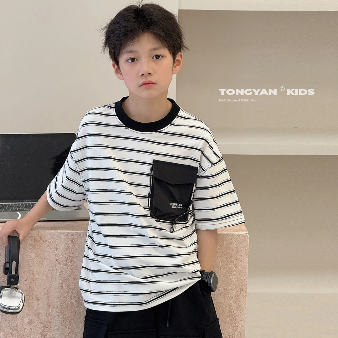 男童短袖T恤2025夏装条纹韩系五分袖百搭上衣儿童圆领半袖825039