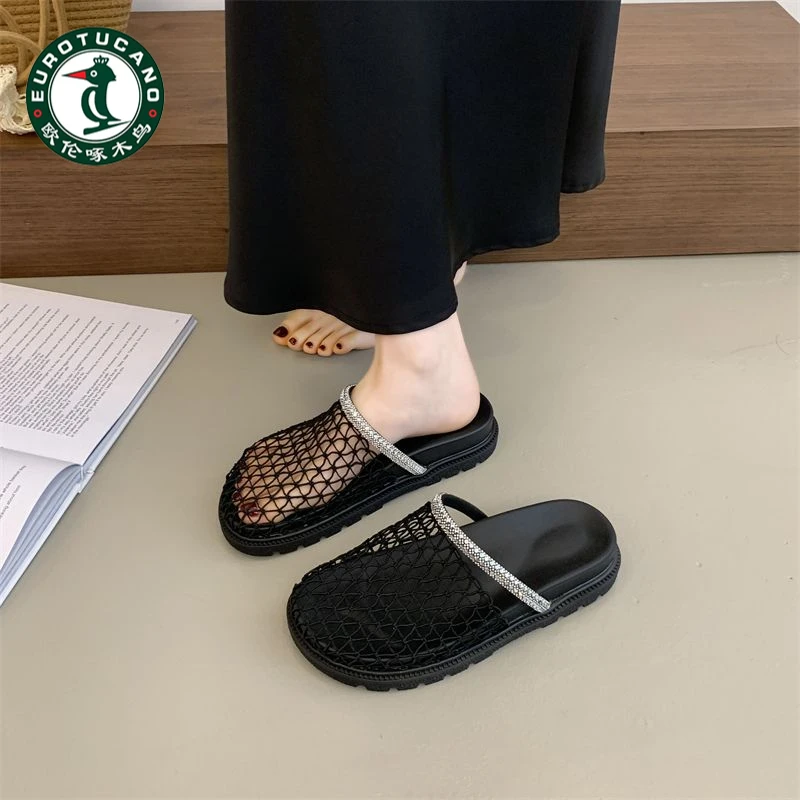 欧伦啄木鸟小众厚底镂空网纱凉拖鞋女鞋子外穿2025夏透气包头凉鞋