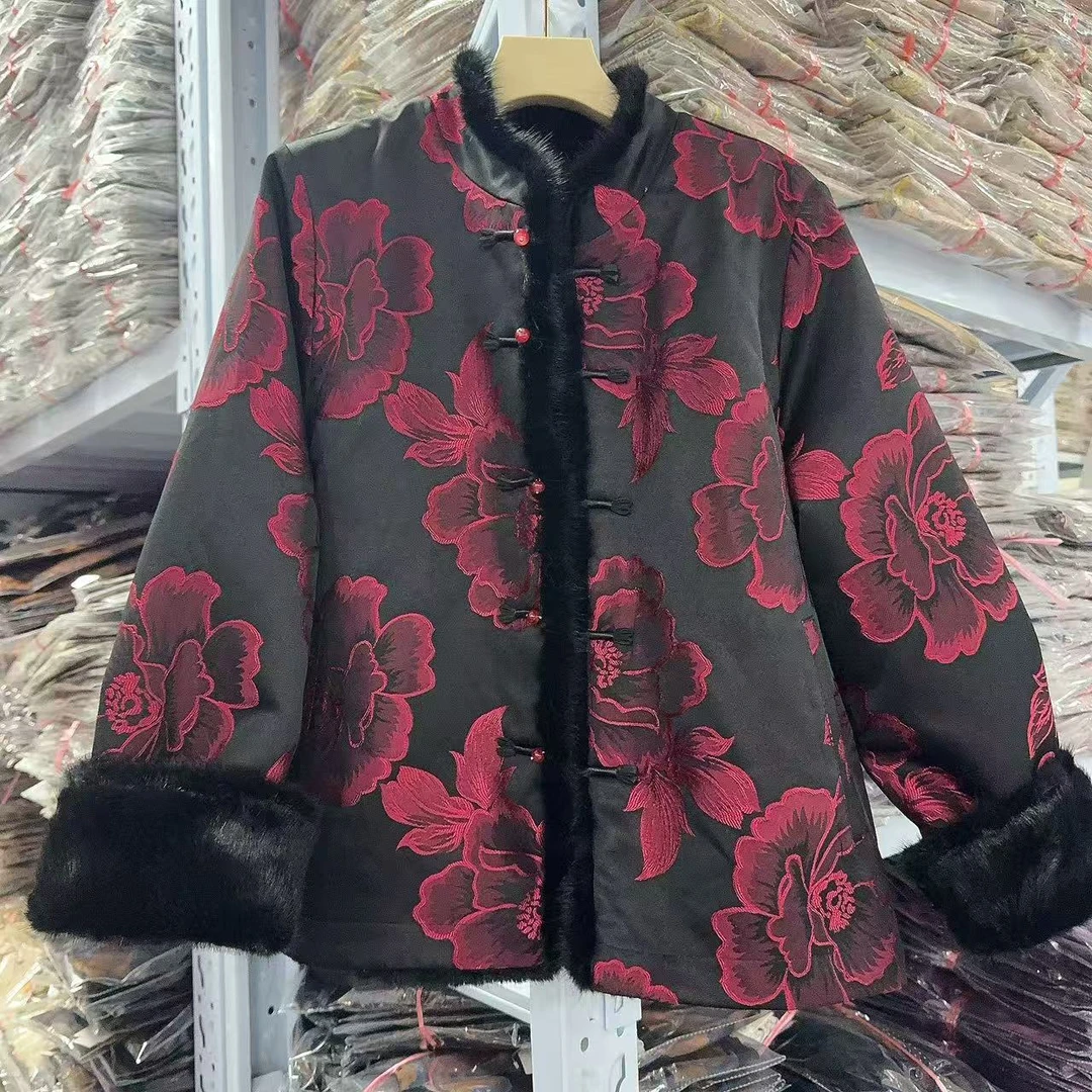 8366款新中式立领厚款毛领短外套【红牡丹】