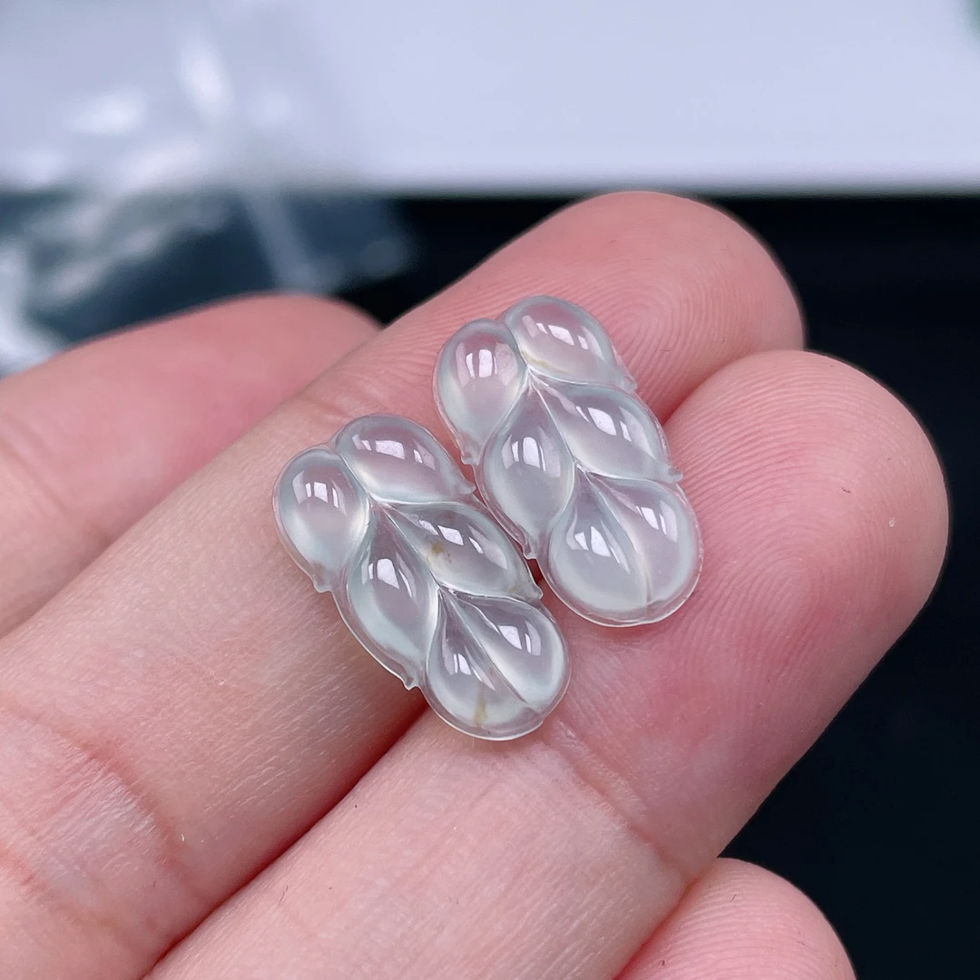 T065缅甸天然翡翠A货叶子裸石一对高冰老坑树叶女士时尚气质高冰