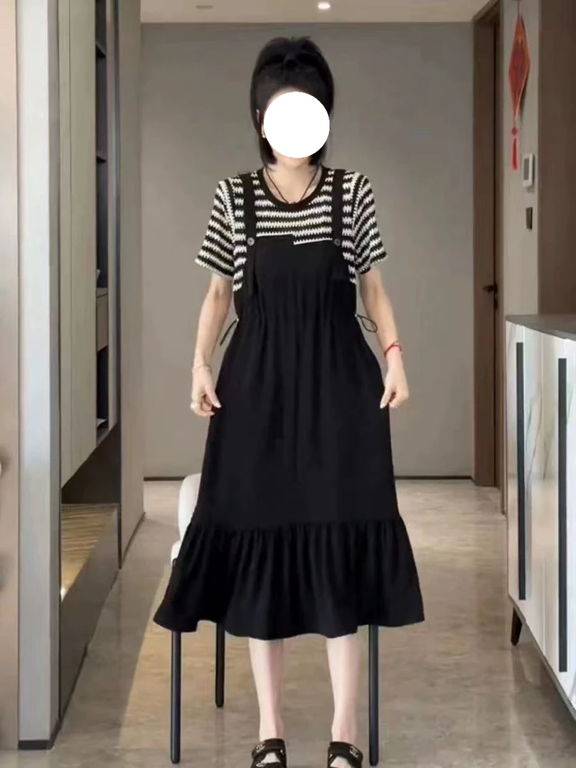 大码胖mm法式复古条纹连衣裙2025夏收腰显瘦气质鱼尾裙