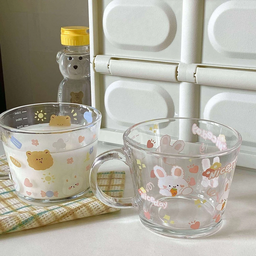 可爱燕麦早餐杯子玻璃杯水杯女生高颜值家用儿童麦片牛奶杯带刻度