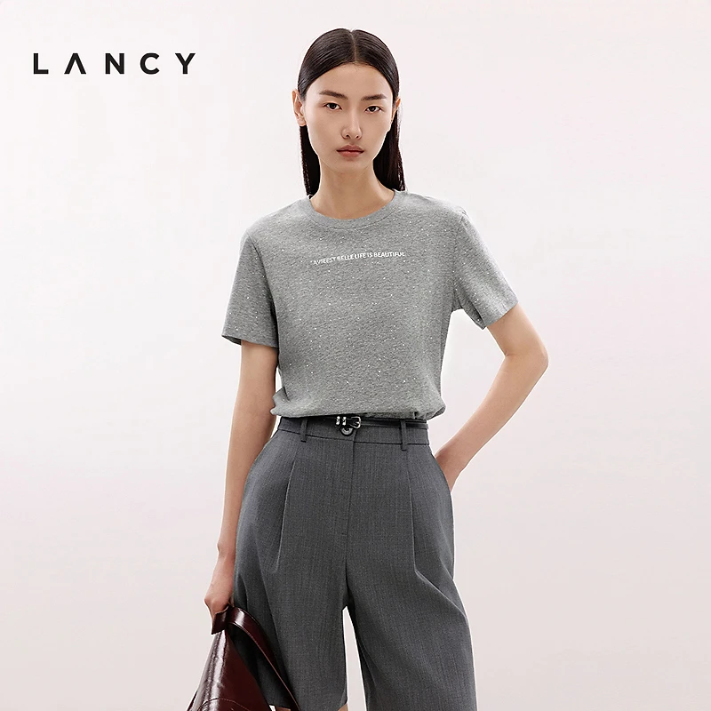 LANCY/朗姿2025年夏新款简约百搭圆领短袖T恤棉感休闲纯色上衣女
