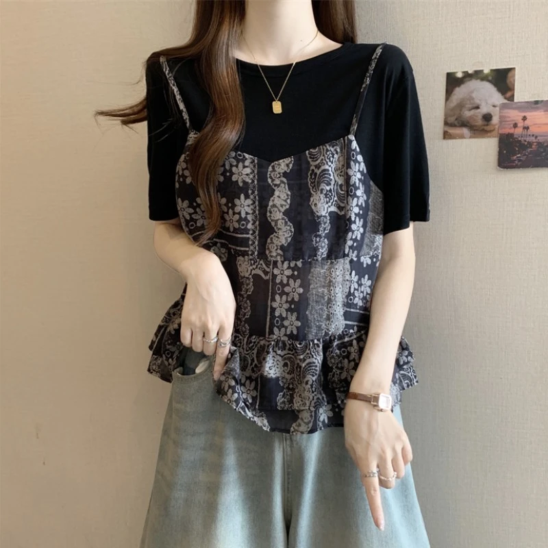 大码遮肚子假两件拼接短袖T恤女夏季新款胖M宽松显瘦百搭洋气上衣