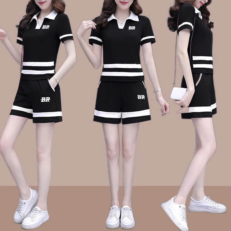 欧若风时尚休闲运动套装女2025夏季新款polo领短袖显瘦短裤两件套