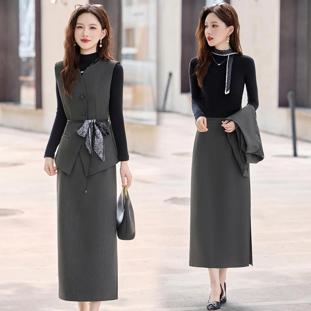 韩系时尚轻熟风马甲套装裙女2025年春秋新款干练气质半身裙三件套