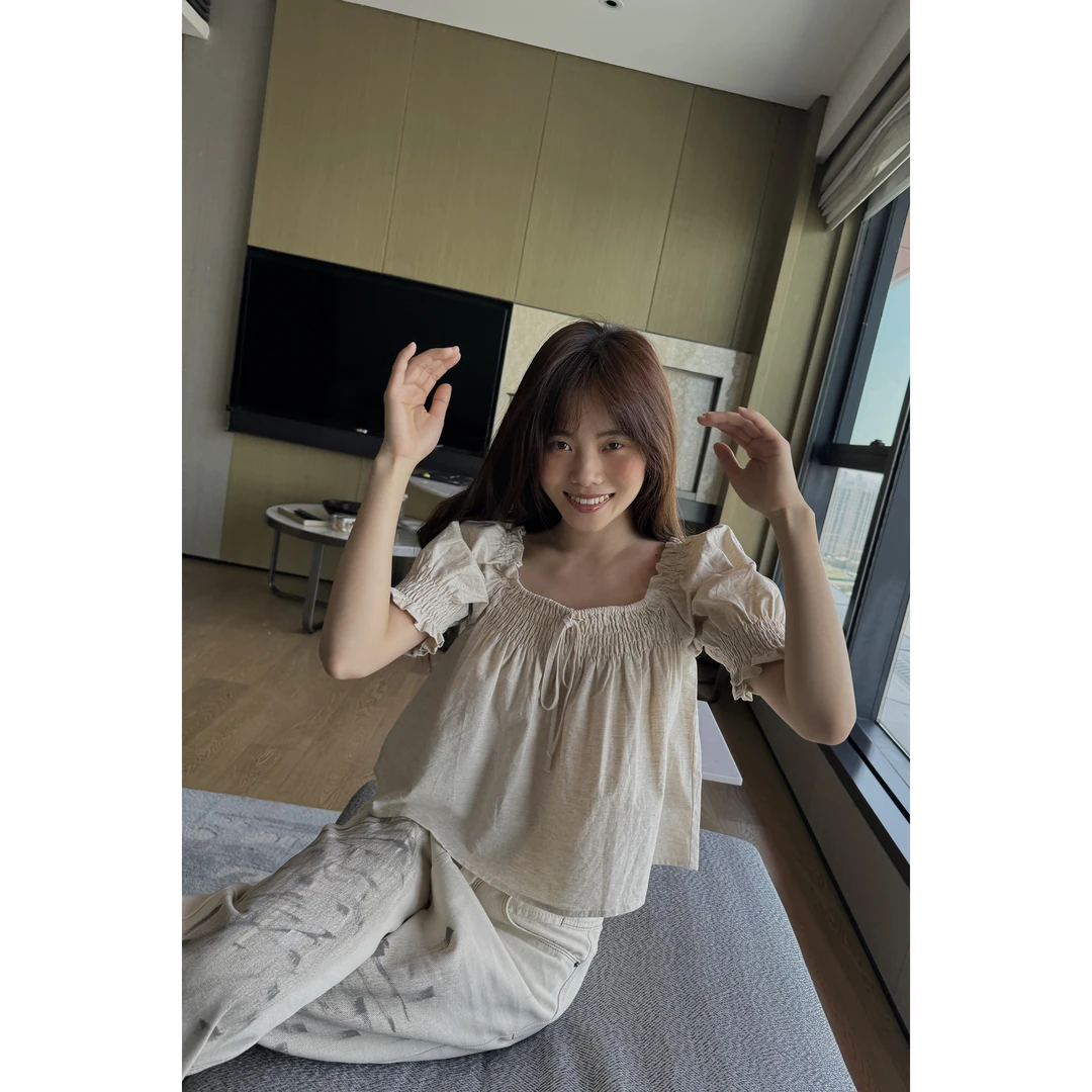 JINGDL【稳定情绪】卡其色45%麻夏季方领泡泡袖宽松系带小衫衬衫