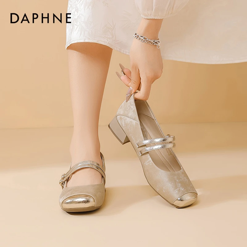 达芙妮纯色法式粗跟浅口单鞋新中式鞋子玛丽珍明星同款百搭鞋子