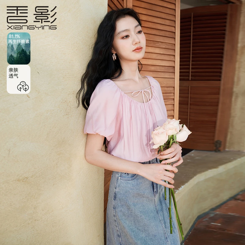 【直播专享】S843054蕾丝衫 香影泡泡袖上衣女夏秋新款宽松低领锁