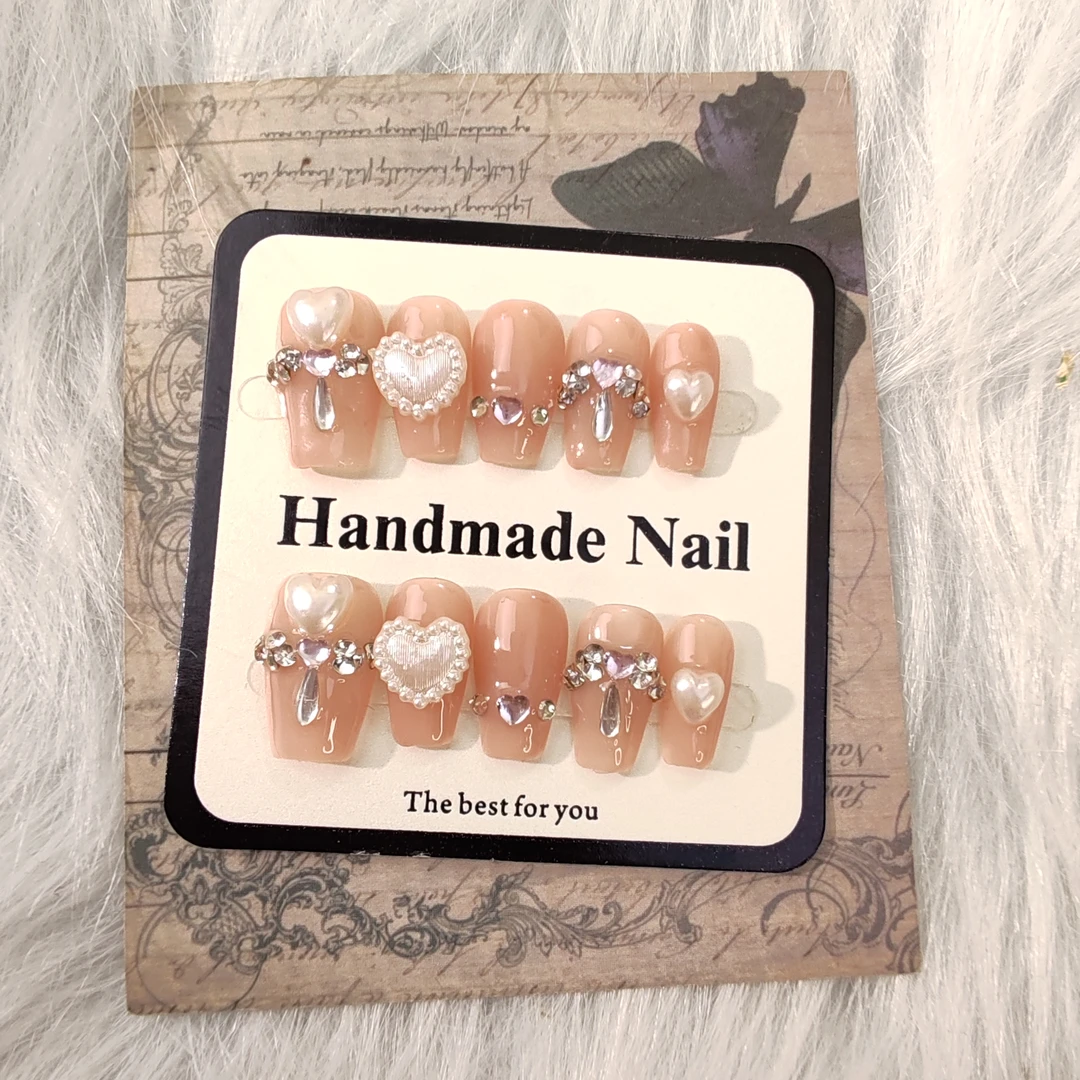 【全疆包邮101】法式显白爆闪手工穿戴甲香槟色长款新娘美甲贴片