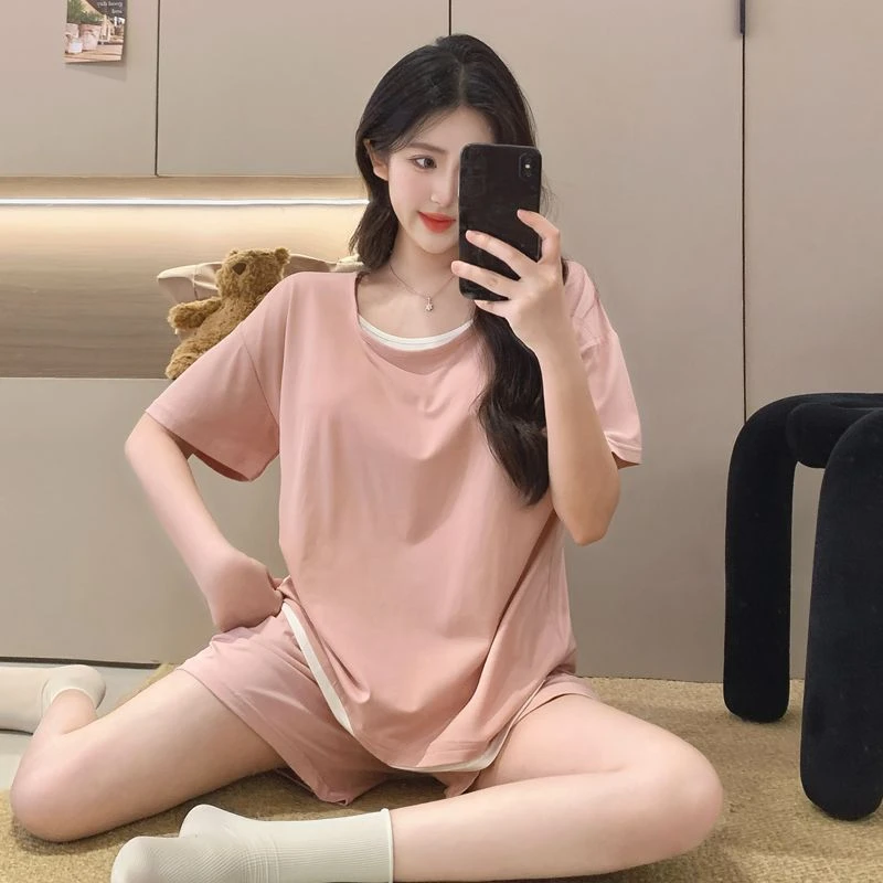 短袖短裤莫代尔睡衣女带胸垫夏季2025新款假两件休闲套装家居服