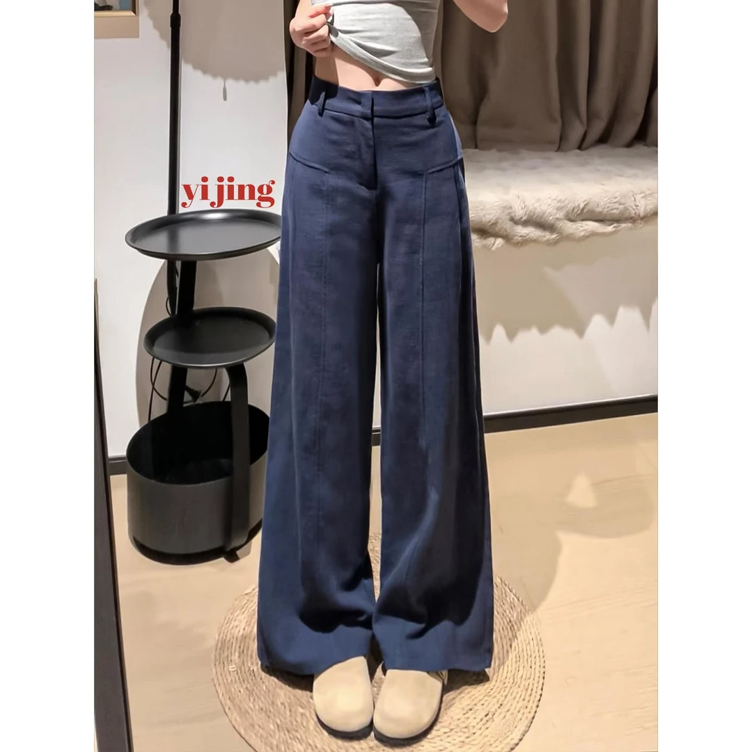 藏青色气质宽裤女夏季小个子薄款高腰宽松老钱风休闲 时尚直筒裤