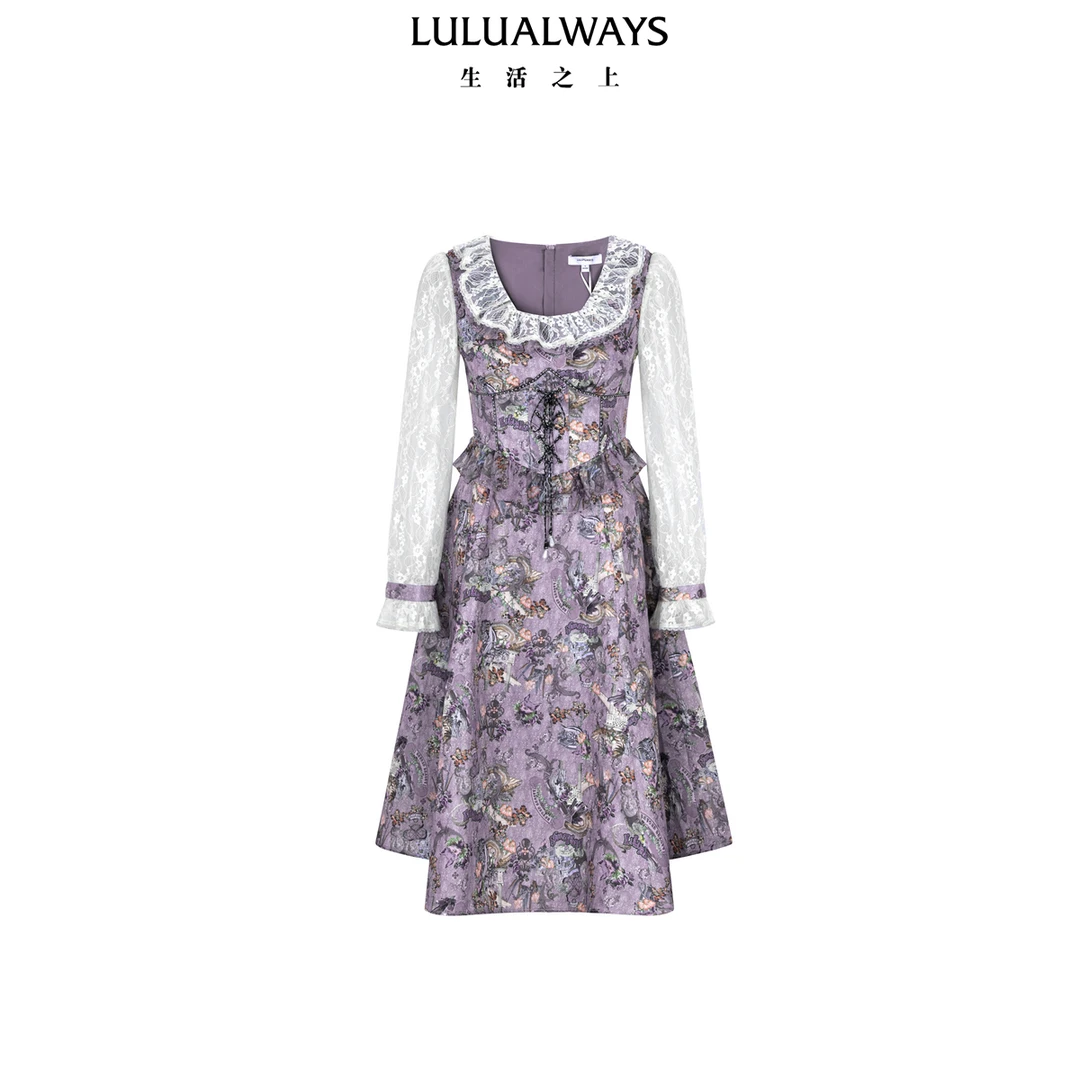 LULUALWAYS25新款收腰提花蕾丝拼接连衣裙