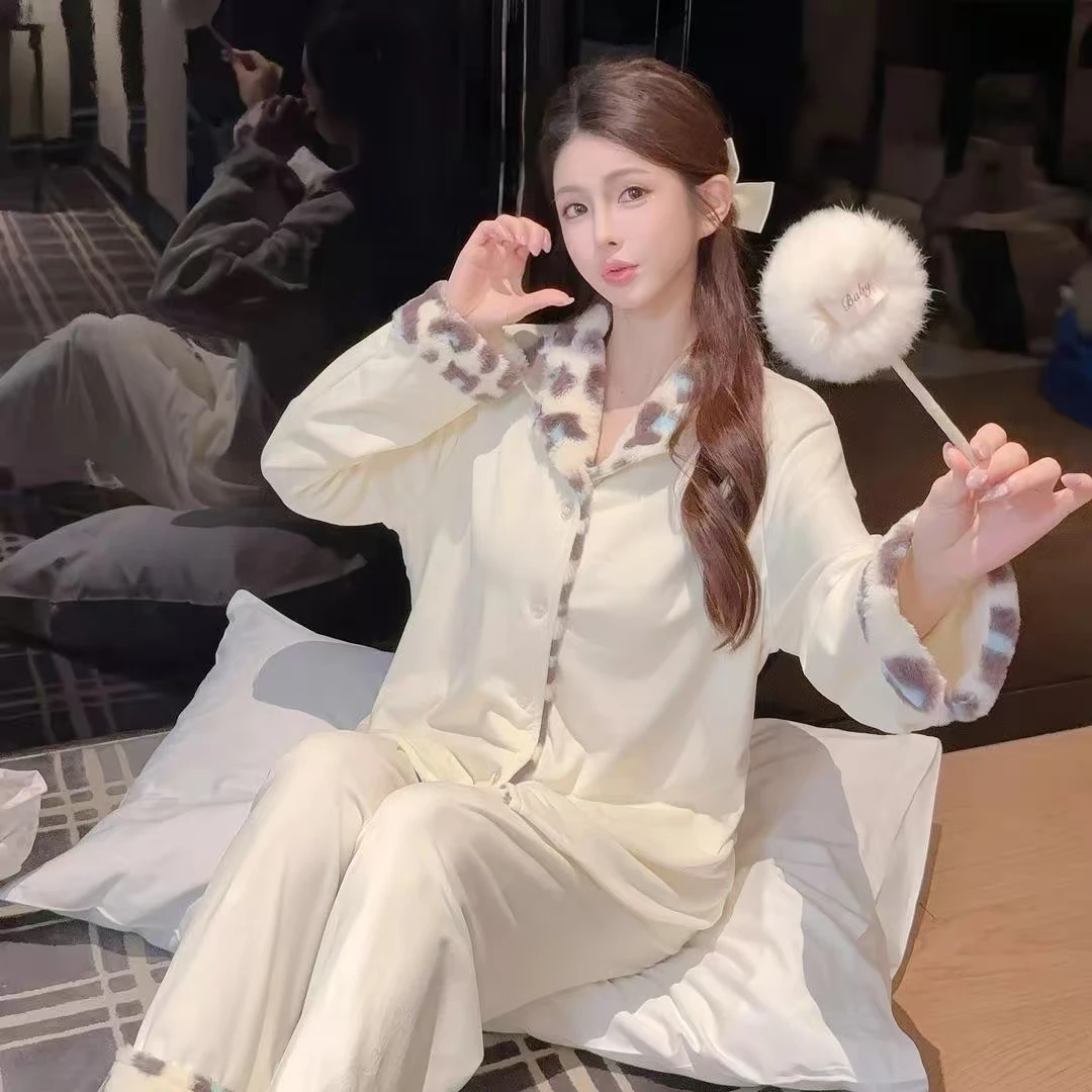海岛绒睡衣女秋冬高级感豹纹可外穿双面绒加绒2026新款套装家居服