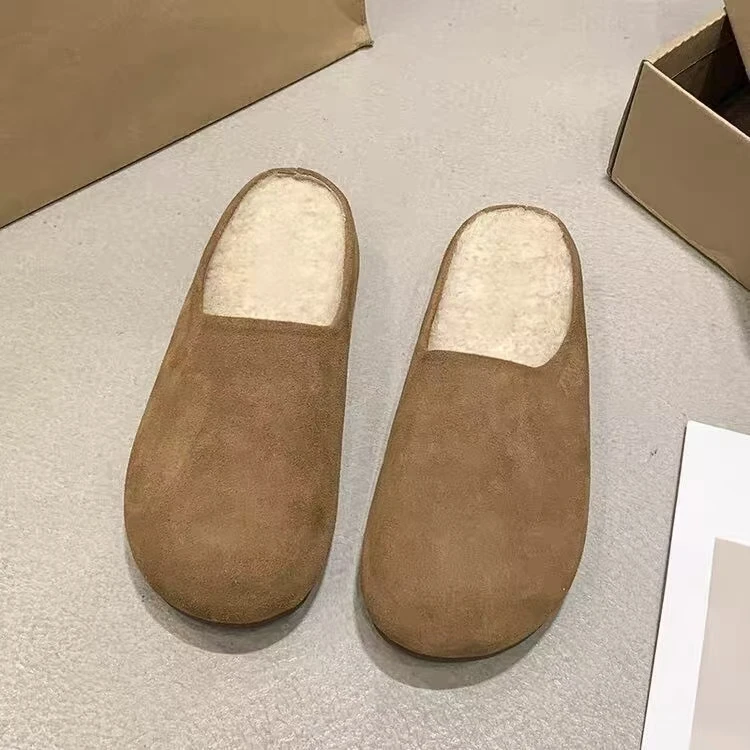 厚底加绒勃肯鞋女外穿2025新款秋冬季一脚蹬博肯毛毛鞋包头半拖鞋