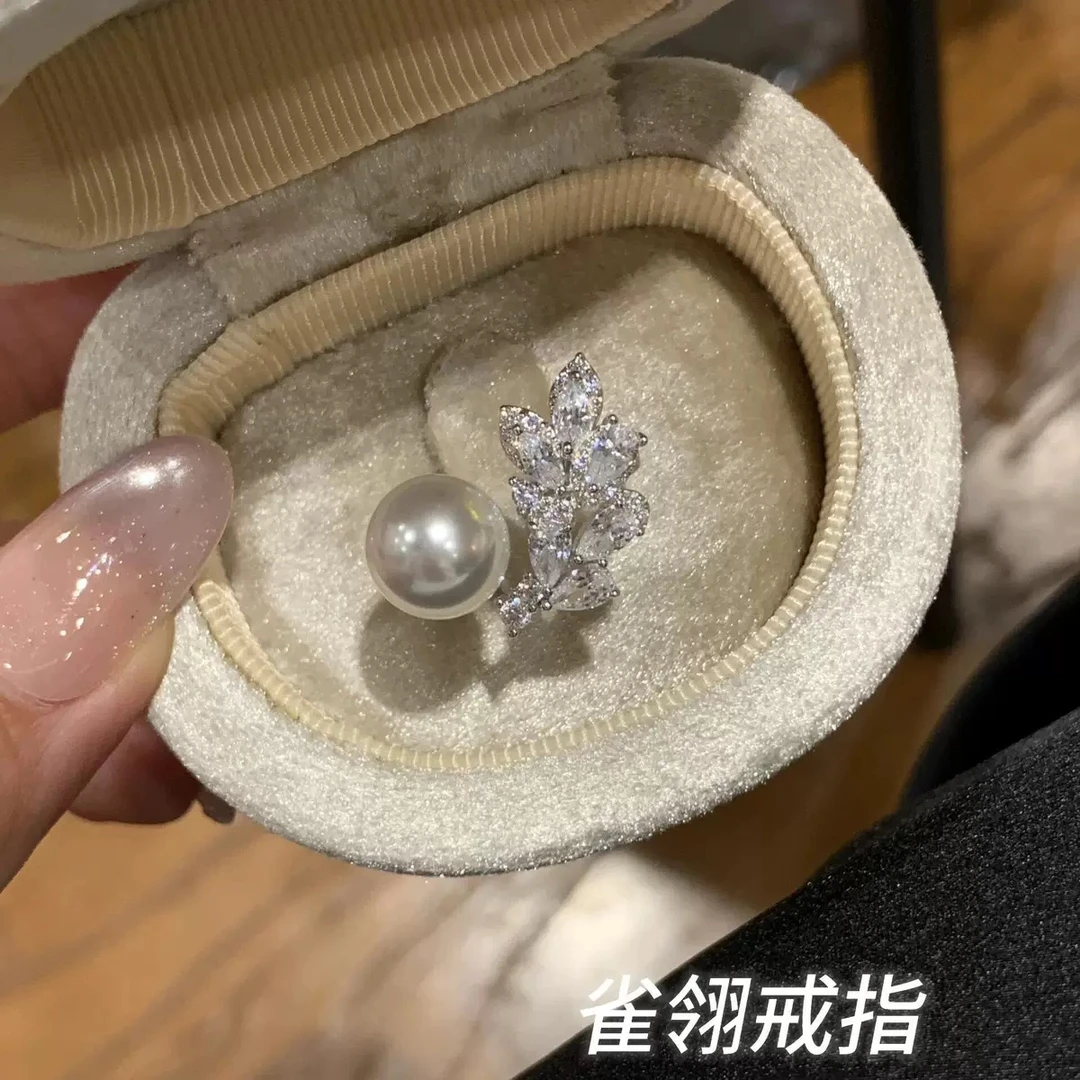 铜合金锆石戒指 璀璨姐妹人工珍珠雀翎戒指耳环耳钉KL004