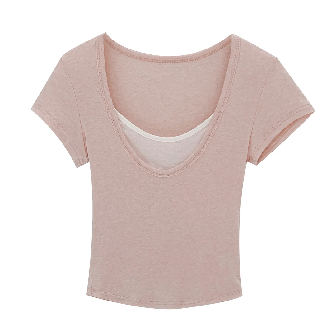 品牌折扣达人自拍莱赛尔天丝甜美粉色假两件U领修身羊毛T恤女夏20