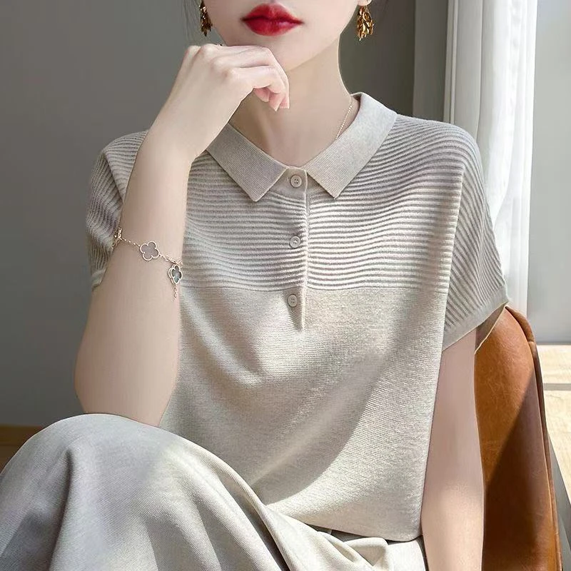 莱赛尔天丝短袖t恤女25新款翻领坑条显瘦夏季薄款冰丝针织衫上衣