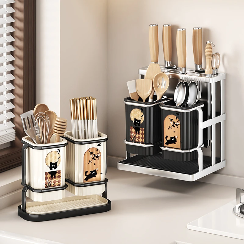 中古风筷子架餐具收纳架免打孔壁挂筷子筒厨房台面收纳沥水置物架