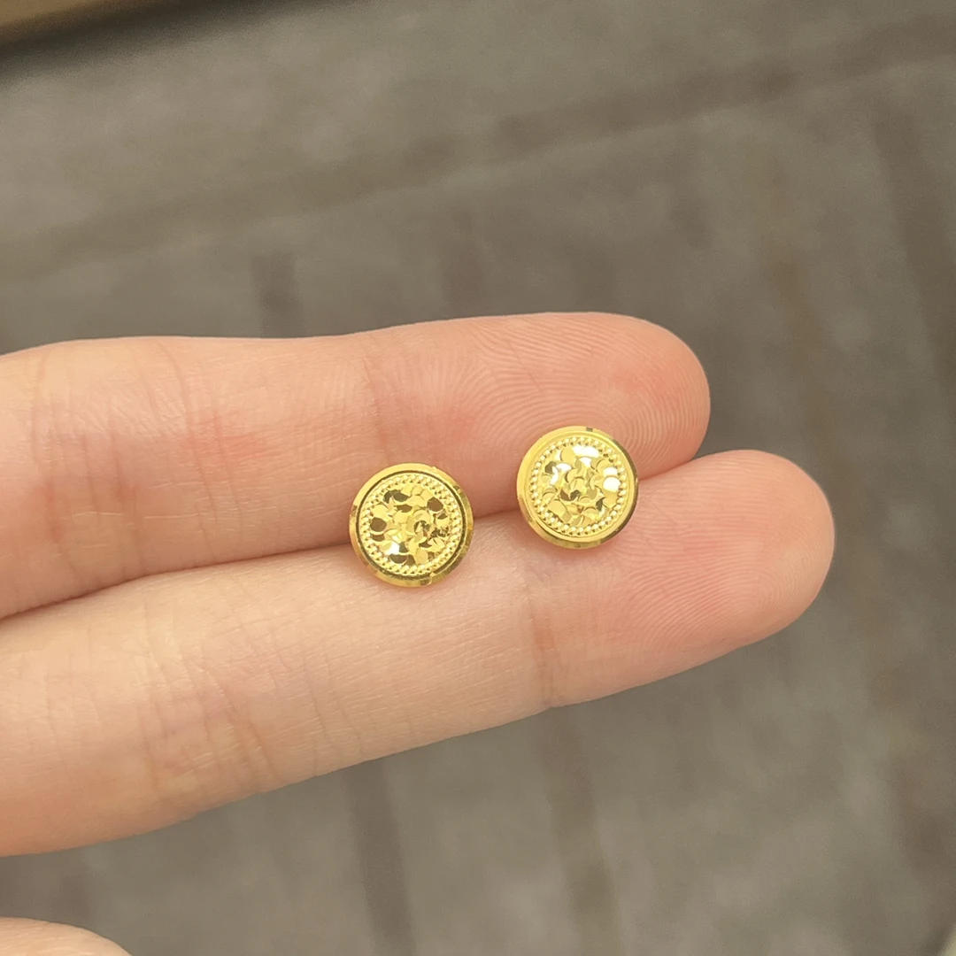 碎碎冰圆饼耳钉直针足金999