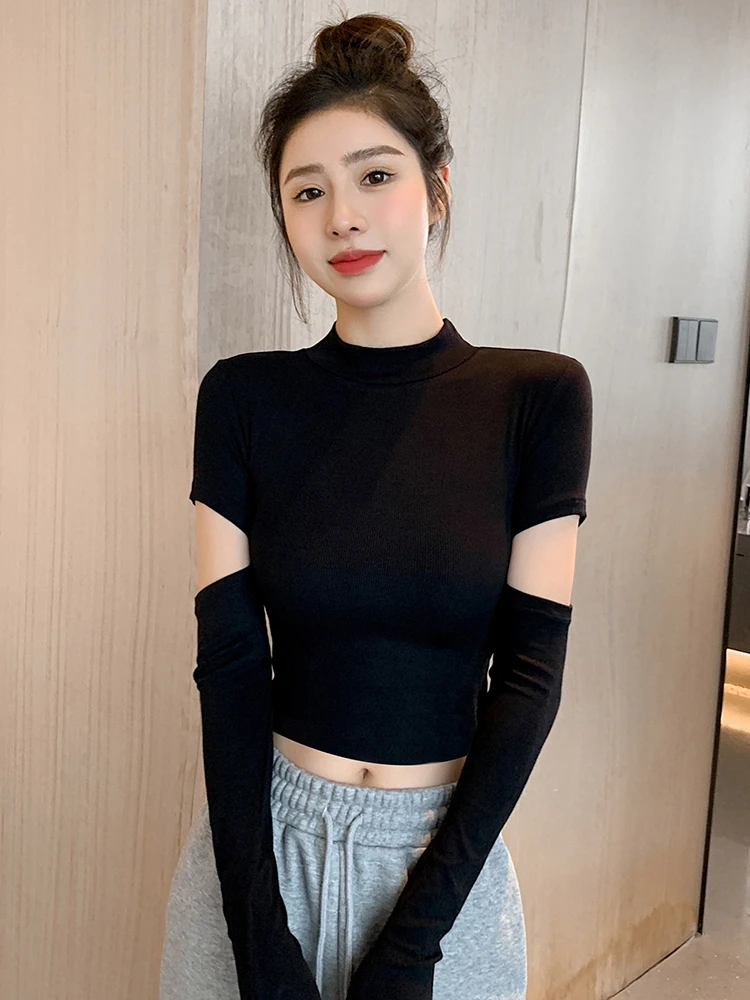 黑色半高领打底衫女内搭露脐上衣2025早秋新款辣妹装修身短款长袖