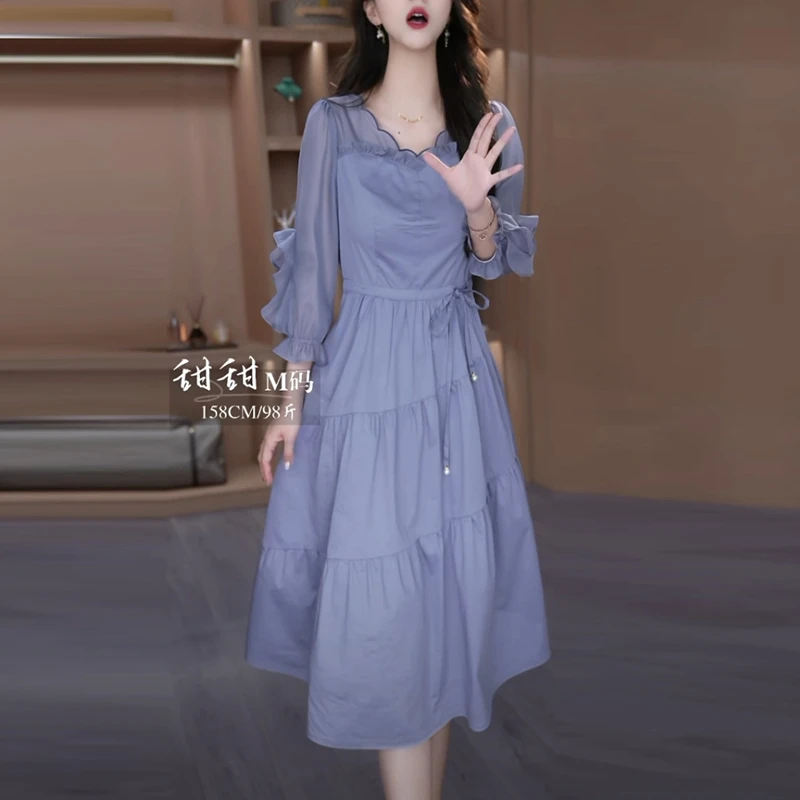 冰竹棉轻奢女装2025春夏季新款韩版时尚收腰显瘦减龄蓝色连衣裙子