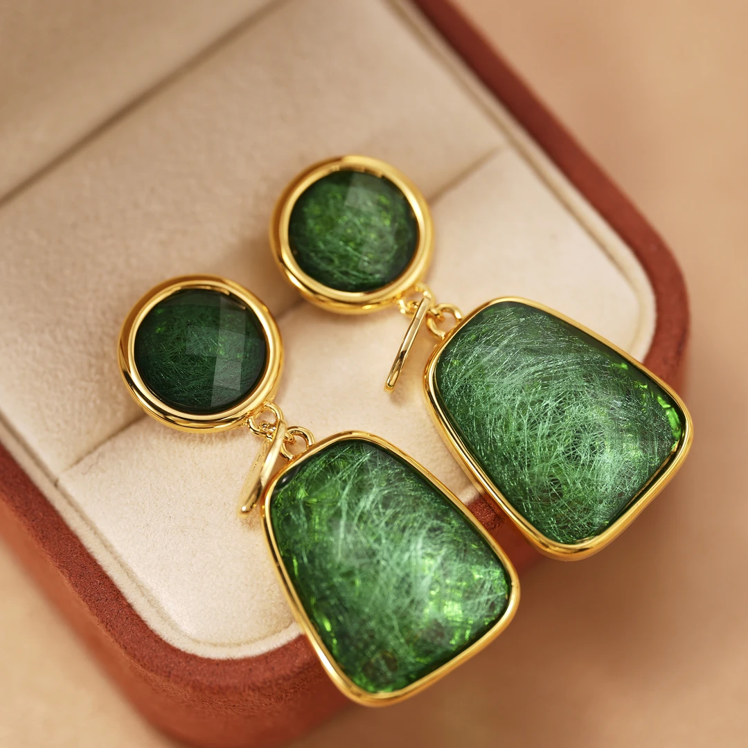 铜合金树脂耳饰 【经典绿色拉丝耳环】轻奢小众优雅耳钉女
