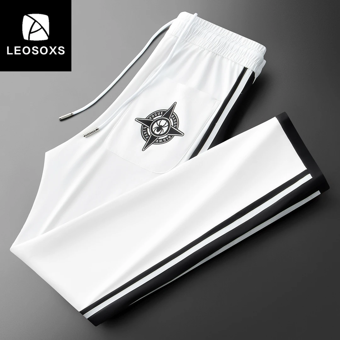 夏季高端男裤冰丝速干运动裤男士撞色拼接休闲裤修身直筒裤子男款