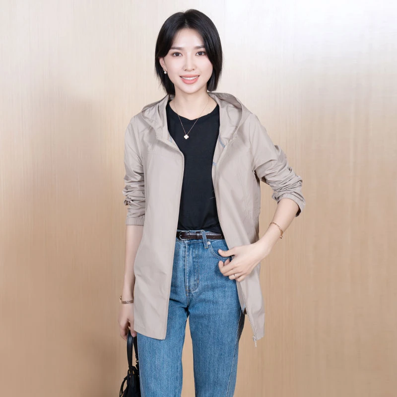 2025春新款连帽收腰风衣中长女纯色宽松百搭显瘦休闲外套