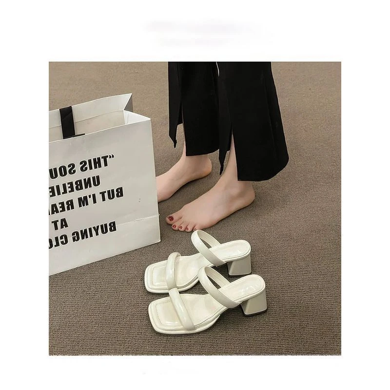 新款夏季外穿韩版PU一字型凉鞋女中跟高跟鞋子米色银色浙江温州现
