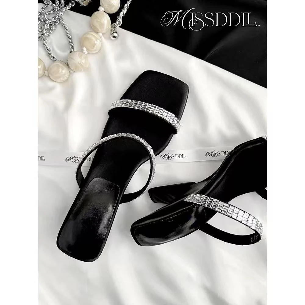 跟高4.5cm/2187/银河碎片法式千金风银色水钻一字拖凉鞋