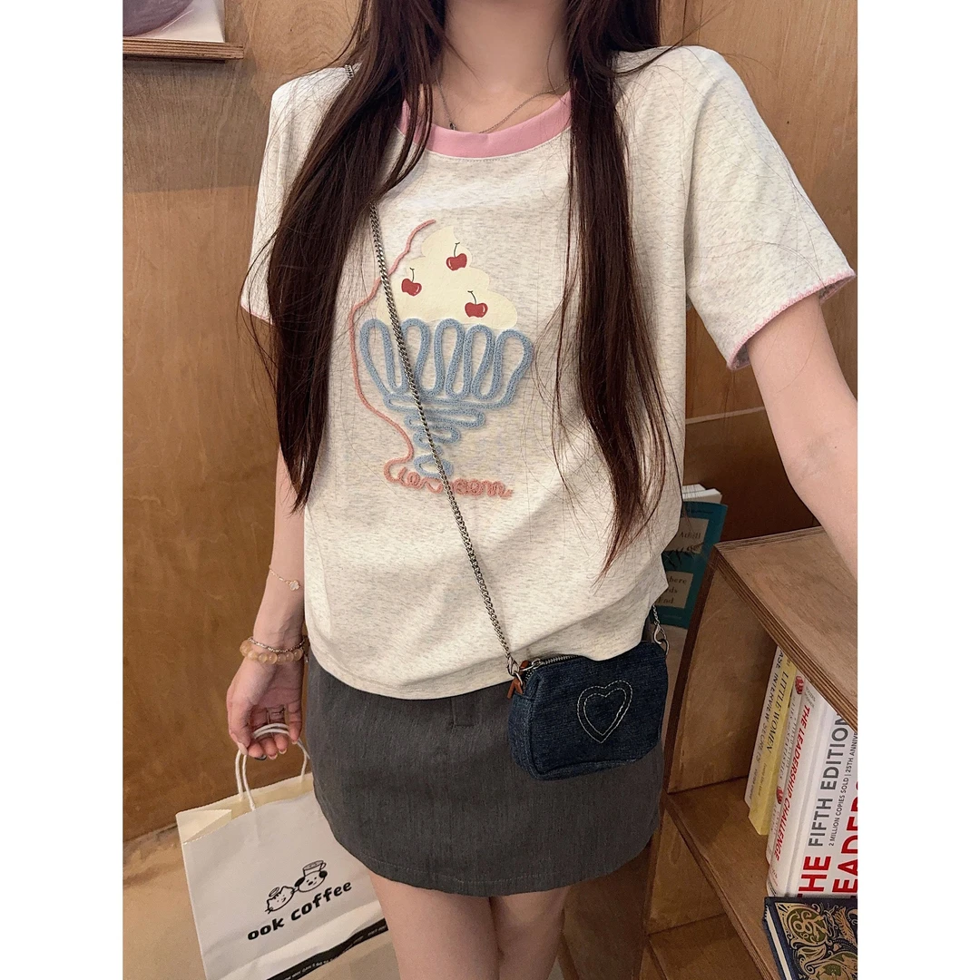 哺乳期大码宽松显瘦螺纹短袖t恤夏季2025刺绣花撞色圆领喂奶上衣