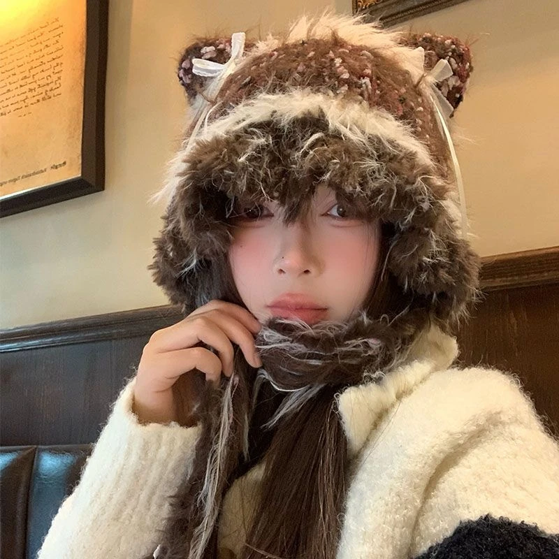 可爱耳朵条纹帽子毛线帽秋冬季子女蝴蝶结加厚花瓣针织帽檐护耳