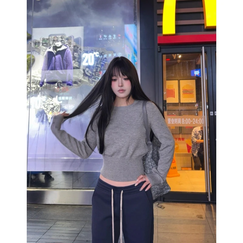 设计感小众百搭修身气质纯色长袖上衣高腰休闲抽绳阔腿长裤两件套