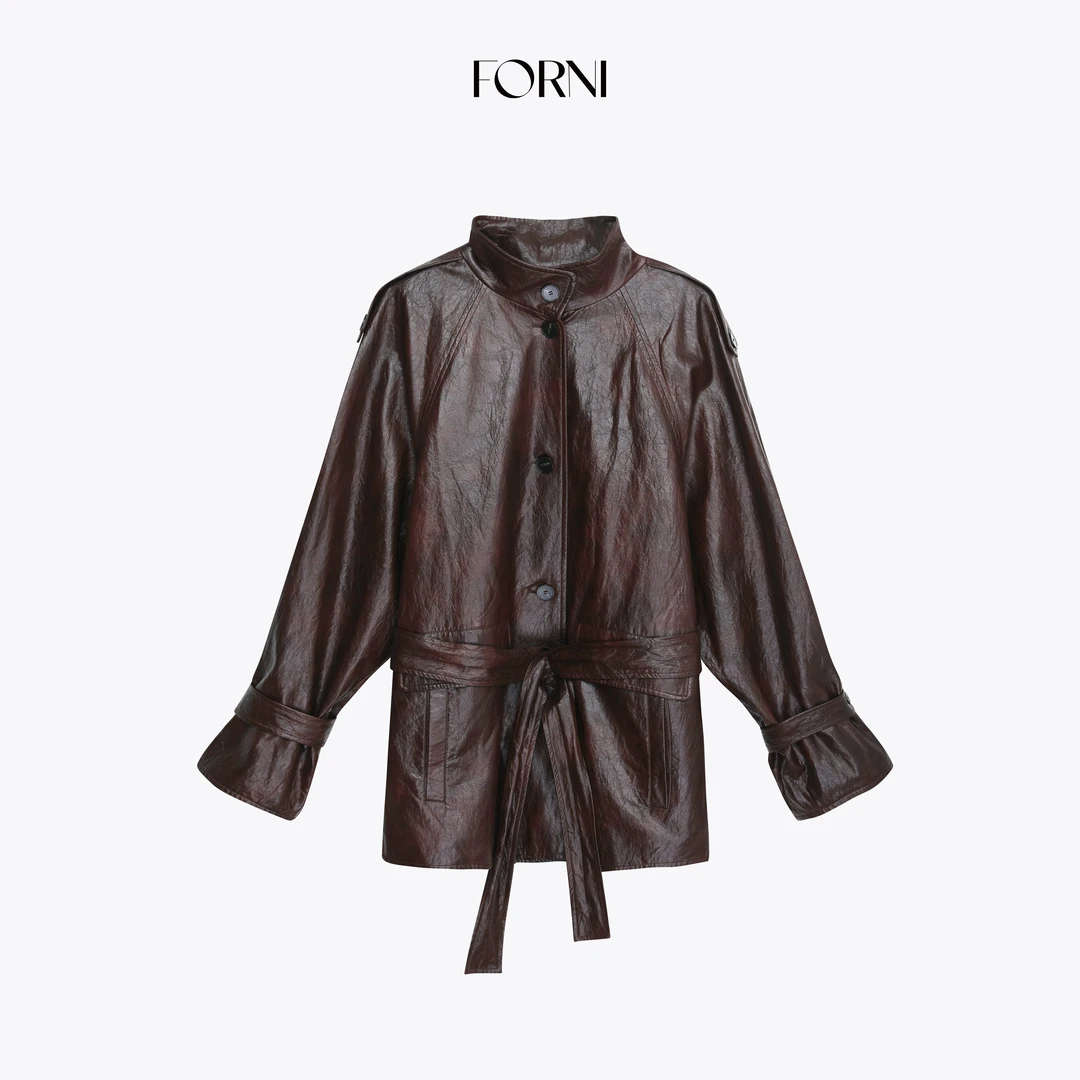 FORNI 马提尼 重工擦色做旧褶皱感PU皮廓形立领皮衣外套