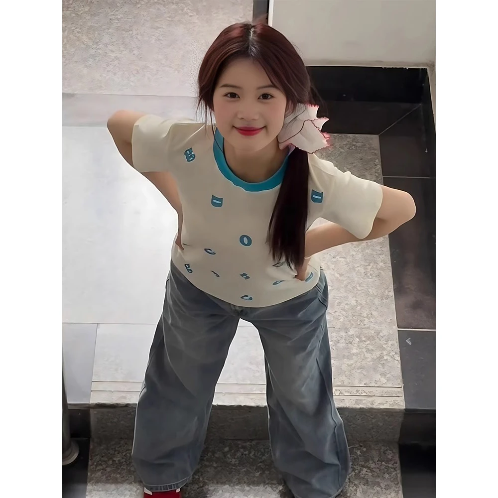 印花撞色正肩短袖t恤女夏季小众设计感修身显瘦漂亮上衣小个子潮