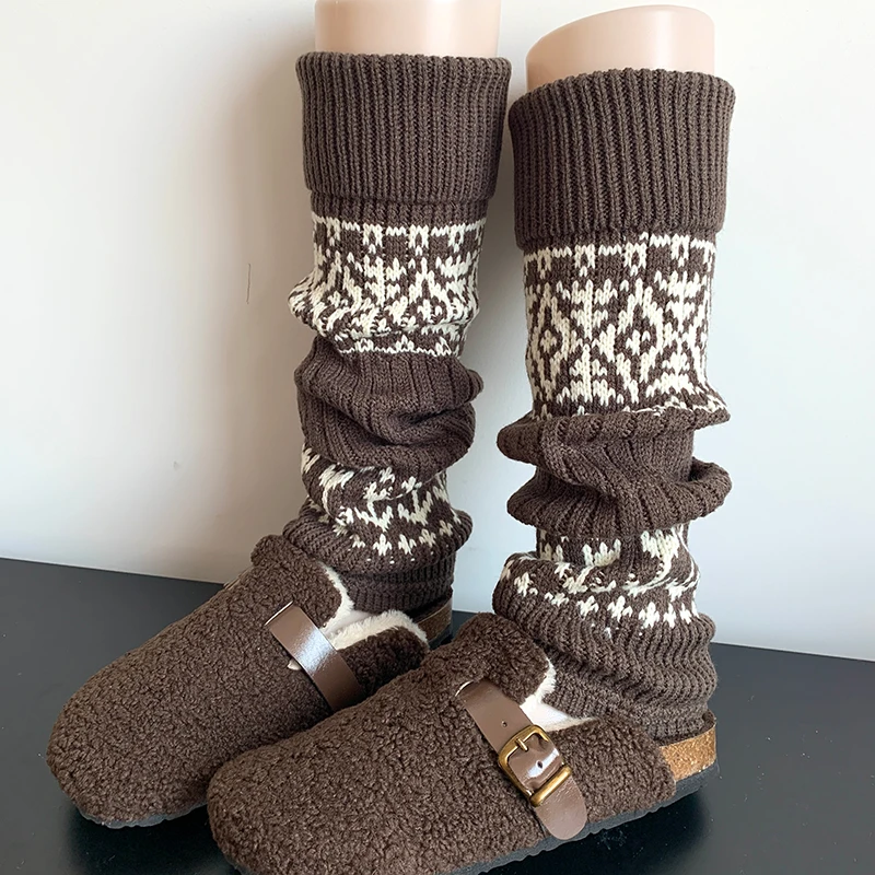 美拉德色系袜子女秋冬加厚保暖针织复古堆堆袜套中筒咖啡色小腿zk
